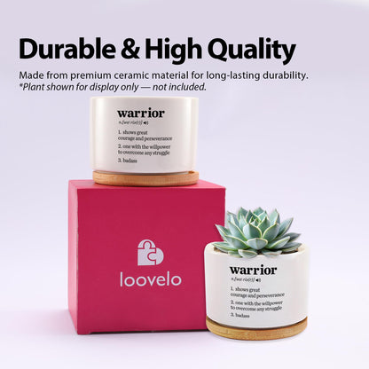 Warrior Definition Inspirational Gifts Ceramic Succulent Plant Pot with Bamboo Tray Round Motivational Encouragement Gifts Cancer Survivor Sobriety Home Decor Plant Lover 3.5 Inch White (No Plants)