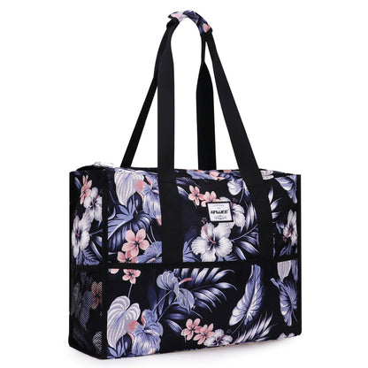 HAWEE Utility Zippered Tote Bag with Laptop Compartment and Luggage Sleeve for Nursing Work Travel 15 Pockets Water Repellent Commuter Bag, Hibiscus