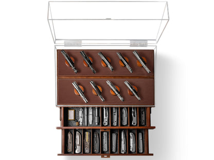 Premium Pocket Knife Display Case for 50 Knives - Extra Large Wooden Knife Organizer, Storage & Holder with Unique Pillars, 2 Drawers - Knife Collection Box - Handcrafted Father's Day Present for Men