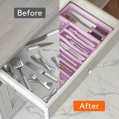 Lifewit Silverware Drawer Organizer, Expandable Utensil Tray for Kitchen, BPA Free Flatware and Cutlery Holder, Adjustable Plastic Storage for Spoons Forks Knives, 13-22 x 15", Purple