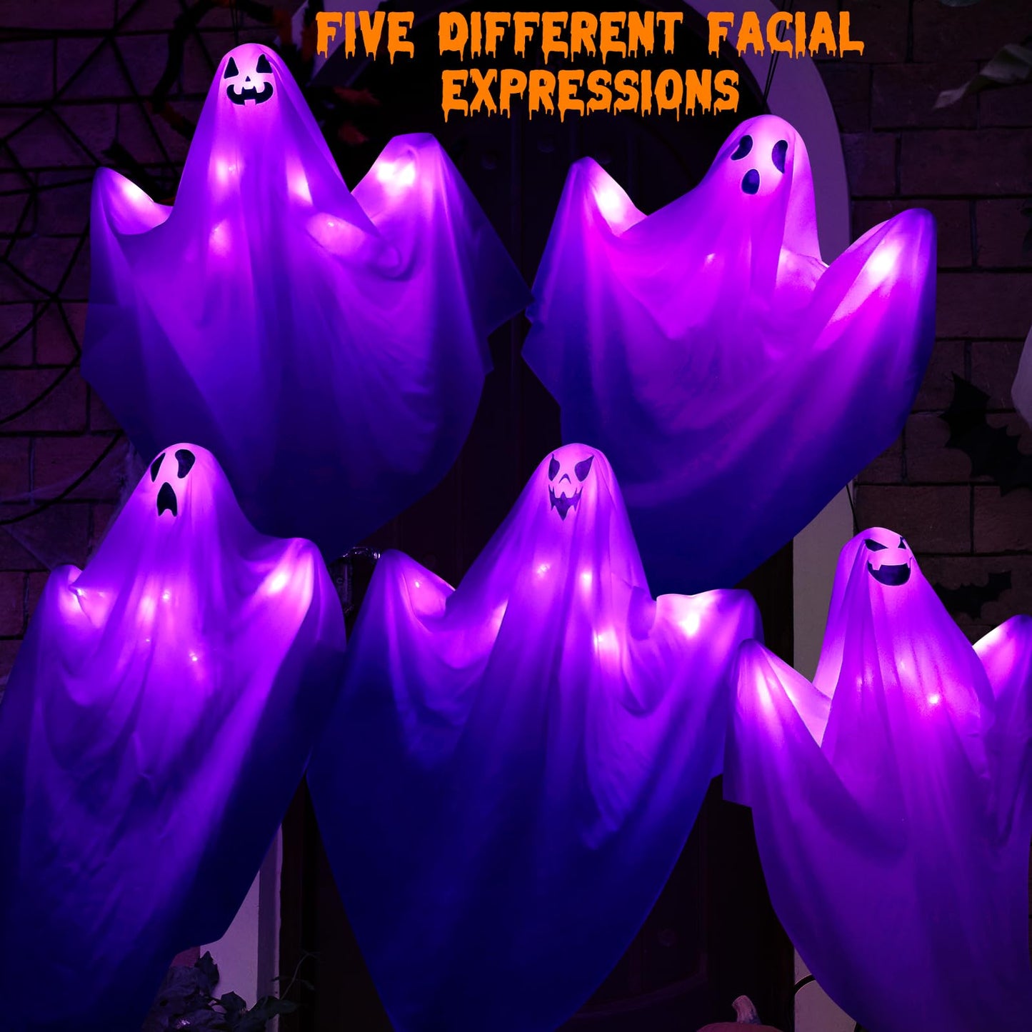 5Pack Halloween Hanging Ghost with Spooky Purple LED Light,27.5’’ Light up Flying Ghost Outdoor Hanging Ghosts Decorations for Front Porch Tree Patio Lawn Garden Party Decoration