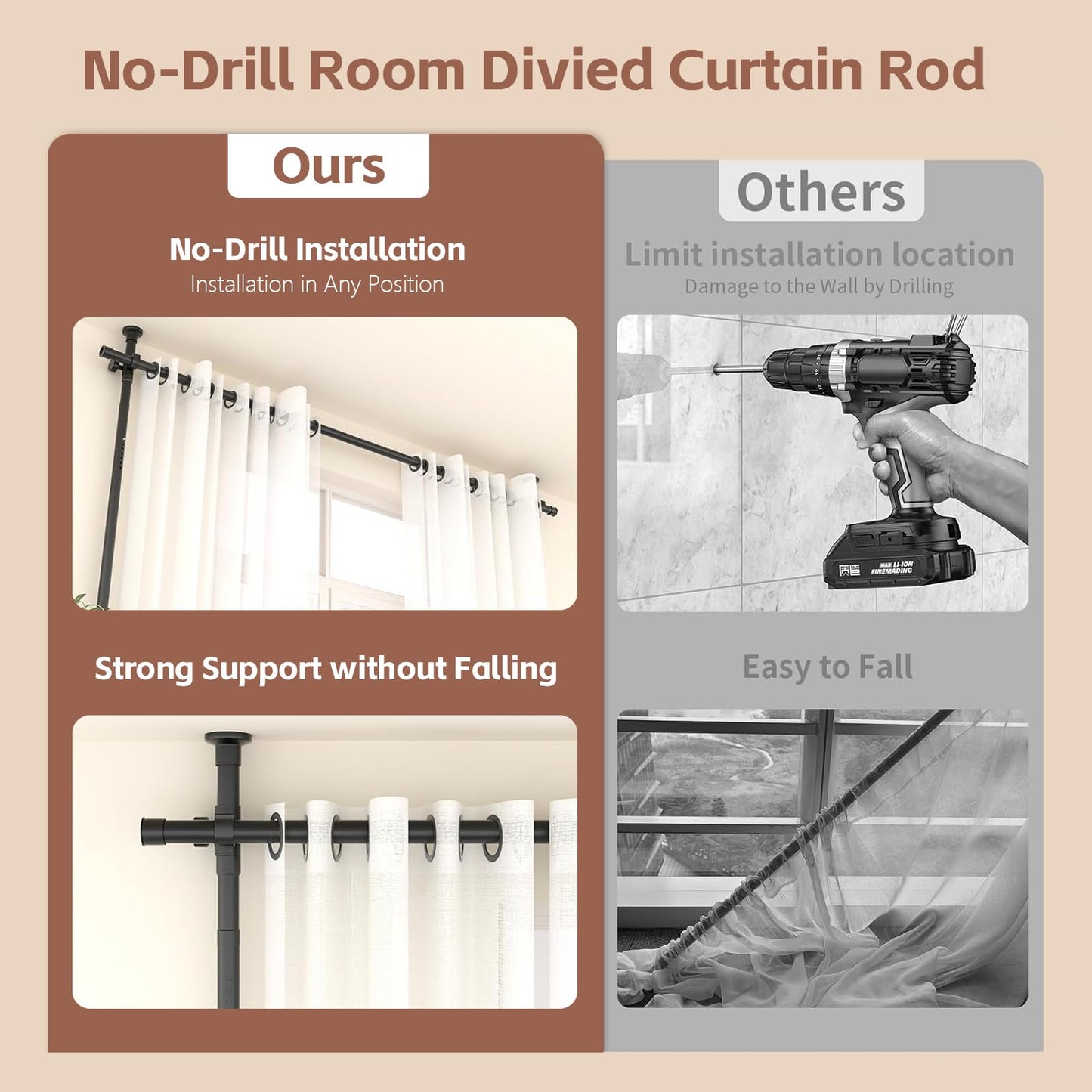 Room Divider Curtain Rod - No Drilling Partition Room Dividers for Room Separation,4-10ft (H) 28-120inch(W) Adjustable Floor to Ceiling Portable Room Divider Wall Partitions Space Separator