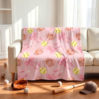 Hillsuren Pink Softball Coquette Bow Blanket 50 x 60 Softball Sports Throw Blanket Bow Stuff Team Gifts for Ball Lovers Players Home Decor Halloween Christmas Thanksgiving Gift