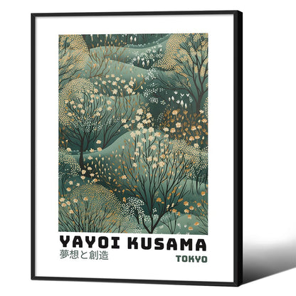 Yayoi Kusama Inspired Poster Japanese Botanical Wall Art Abstract Yayoi Kusama Print Modern Ukiyo-e Japanese Gallery Wall Decor 12x16in Black Framed for Home Bedroom Decorations