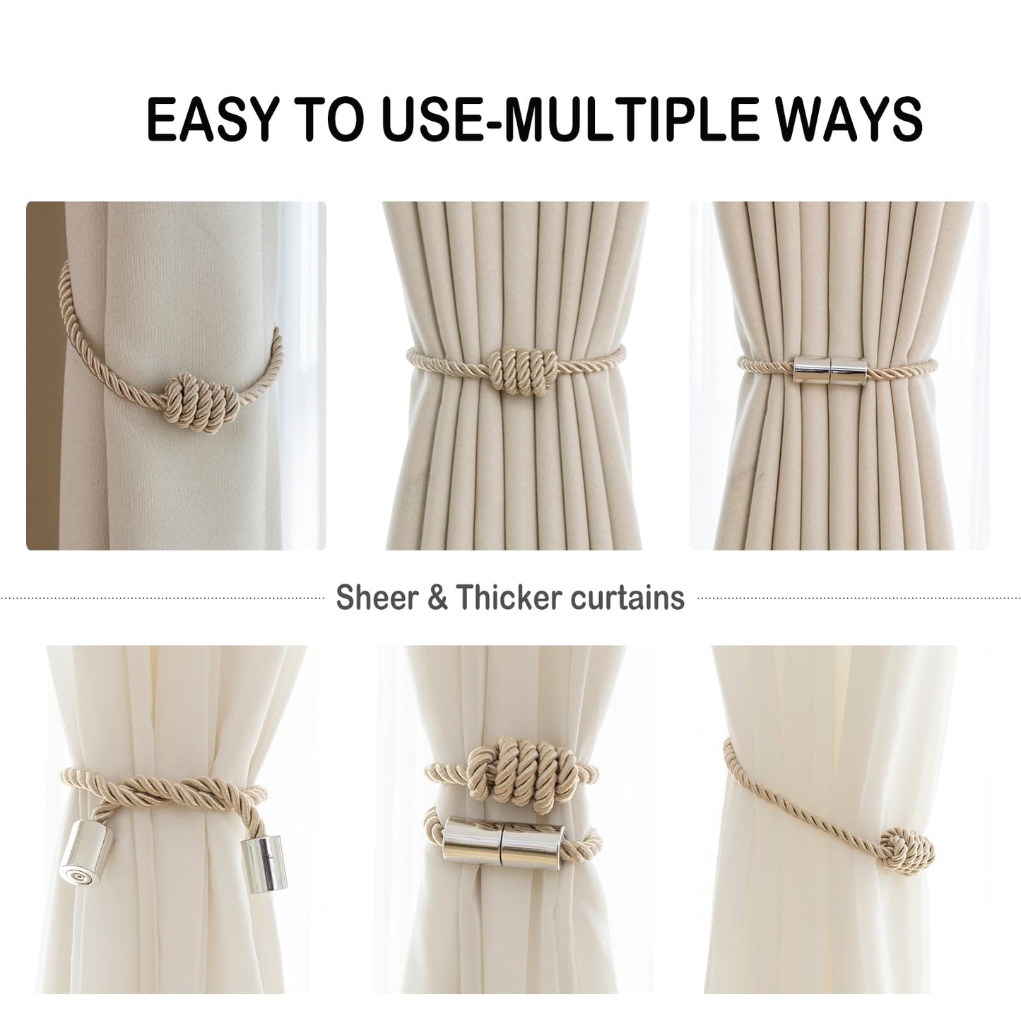 Contoeey Magnetic Curtain Tiebacks - Decorative Tie Backs for Drapes, 8 Pack Rope Holders, Beige