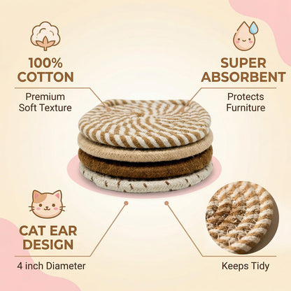 shuielai 4 Pack Cat Ear Cotton Woven Absorbent Coasters with Metal Holder - Tabletop Protection Cup Coasters for Home Office Decor