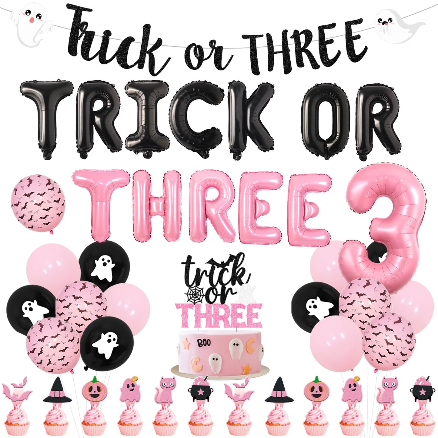 Pink Trick or Three Theme Halloween 3rd Birthday Party Decorations Trick or Three Foil Balloon Banner Garland Halloween Theme Cake Cupcake Toppers for Halloween Three Birthday Party Decor Supplies