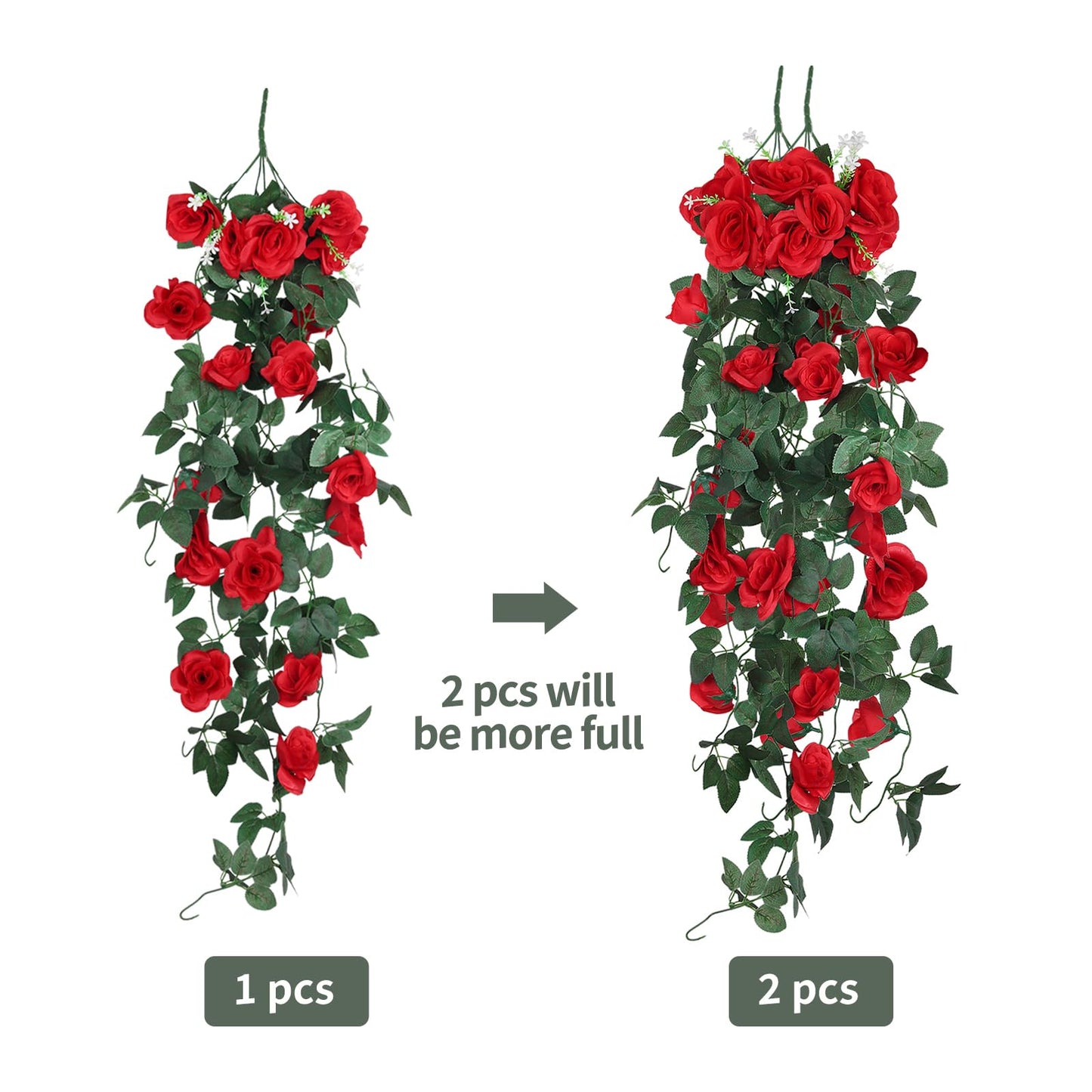 RECUTMS Artificial Red Rose Hanging Flowers Plants, 4PCS 37 Inches Draping Fake Ivy Garland with 30 LED Fairy String Lights for Home Garden Wedding Valentines Day Indoor Outdoor Greenery Decorations