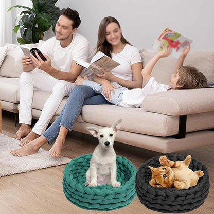 Woven Dog Bed Basket, Knitted Cotton Cat Bed Round Washable Woven Cat Pet Bed Chunky Dog Basket, Orthopedic, Chunky Knit Dog Nest,Dog Bed,Dog Cave,Dog Bedding(Khaki,19")