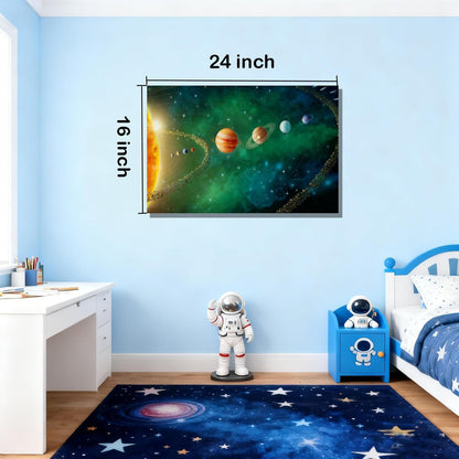 16x24 inches Framed Solar System Space Canvas Wall Art Green Galaxy Planets Astronomical Decor Kids Bedroom Cosmic Wall Pictures Teen Boy Room Universe Poster Child Office Study Room Prints