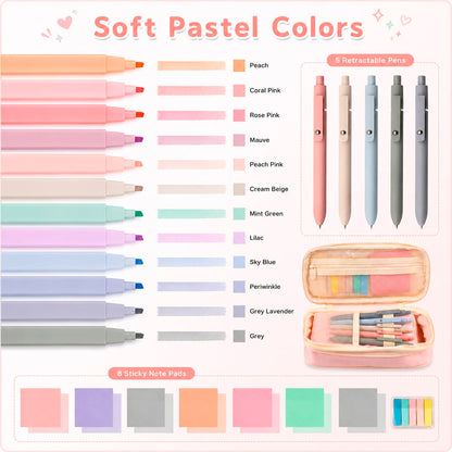 Aesthetic School Supplies with Pencil Pouch - 27Pcs Cute College Essentials Set, Big Capacity Pen Case, Pastel Highlighters, Bible Study Journaling Stationary, Annotation Kit Stuff Gift for Girls Teen