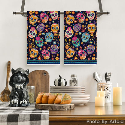 Artoid Mode Suger Skulls Floral Day of The Dead Kitchen Towels Dish Towels, 18x26 Inch Halloween Decoration Hand Towels Set of 2