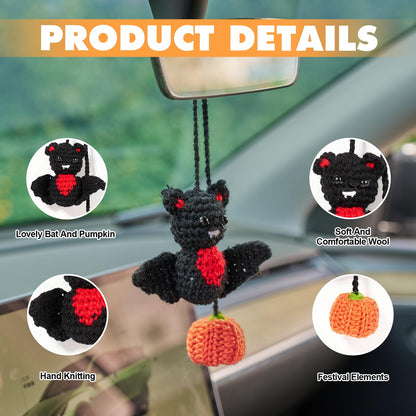 Rislobx Crochet Bat and Pumpkin Car Rearview Mirror Hanging, Knitted Cute Halloween Bat Car Charm Ornament, Handmade Pendant Mirror Decor Auto Interior Accessories (Pumpkin)