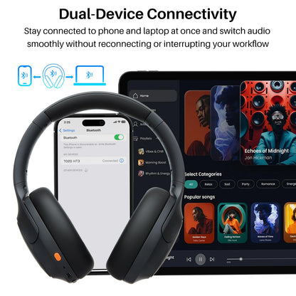 TOZO HT3 Hybrid Noise Cancelling Headphones, 90H Battery Life Wireless Over Ear Bluetooth 6.0 Foldable Headset, AI Voice Assistant with 5 Mics, Connect 2 Devices and Hi-Res Sound, 32 EQ Audio Presets