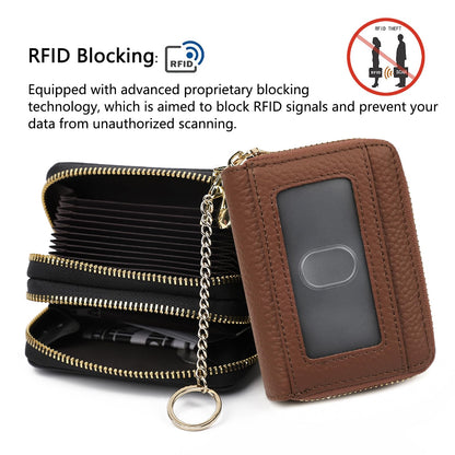 imeetu RFID Credit Card Wallet, Genuine Leather Zipper Card Case Holder with Removable Keychain(Max - Brown)