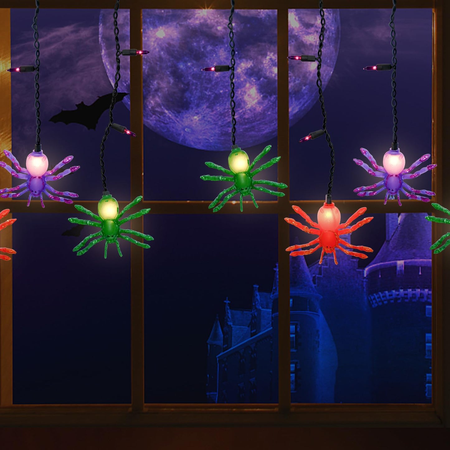 Bokoiuu Halloween Spider Lights 7FT, Spider Curtain Lights with 10 Spider Bulbs and 15 Mini Purple Bulbs, Plug in Hanging String Lights for Halloween Curtain Window Porch Indoor Outdoor Decor