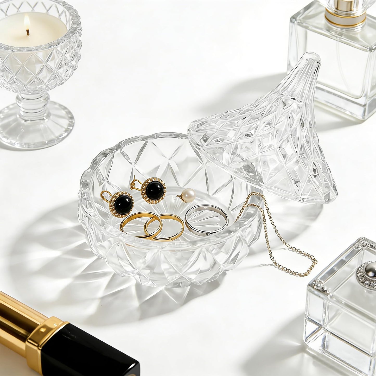 Glass Jewelry Box, Crystal Candy Dish with Lid, Ring Box, Small Trinket Dish, Jewelry Organizer Dish with Lid, Decorative Jewelry Bowls for Home Decor, Christmas Birthday Gifts for Women (Classic)