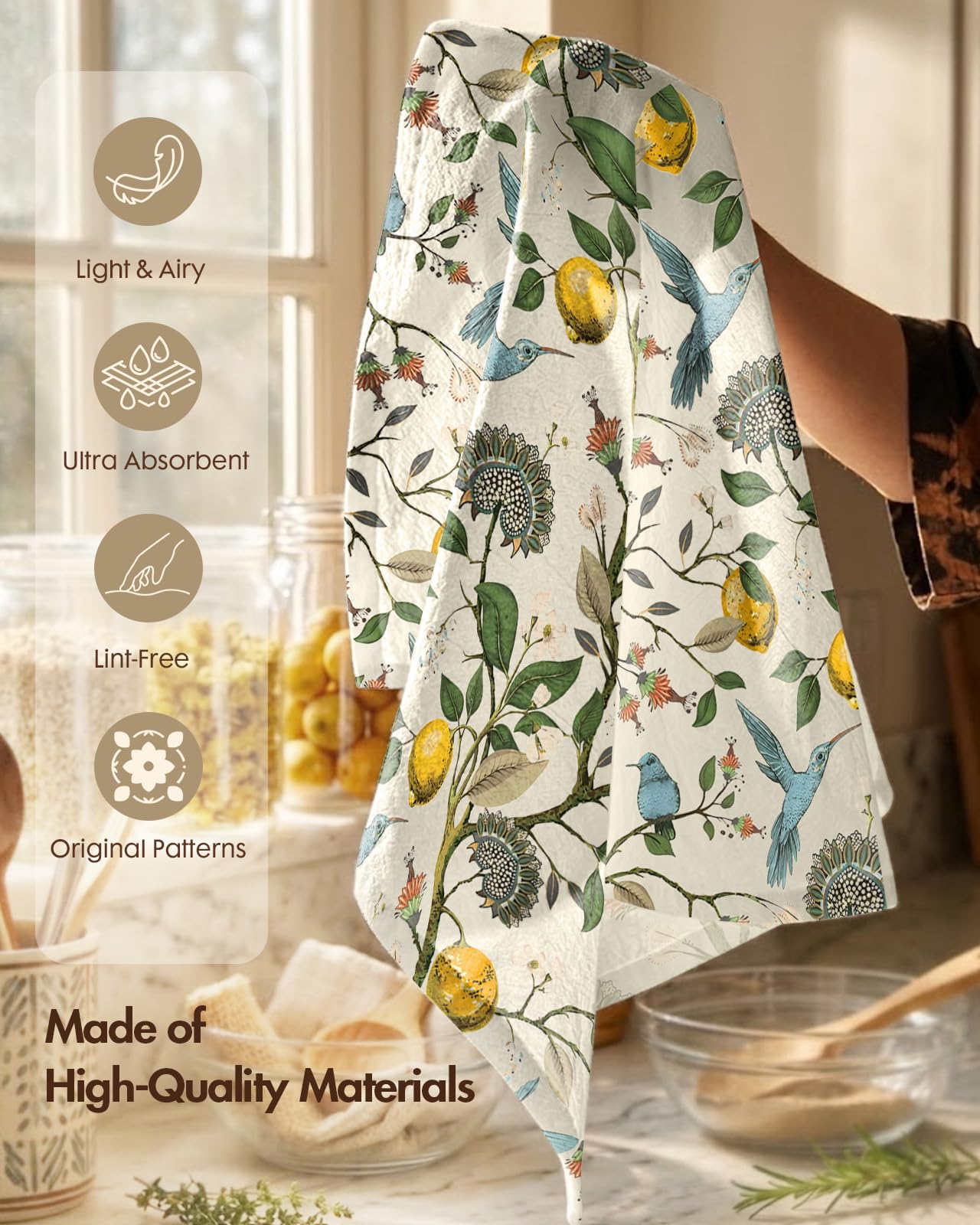 Miss Adola Flour Sack Kitchen Towels Set of 2-18x26 Cotton Dish Towels with Hanging Loop Reusable Tea Towel for Cleaning Spring Absorbent Dishcloths Cute Home Decor Housewarming, Lemon Birds