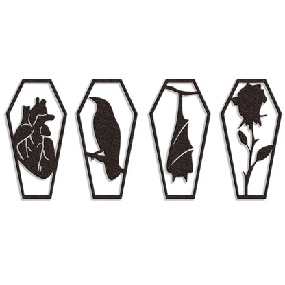 YATEASLU Gothic Wall Decor, Set of 4 Metal Heart Crow, Bat, Rose Sculptures for Gothic Coffin Decor, Bathroom, Kitchen, Office, Halloween Home Wall Decor