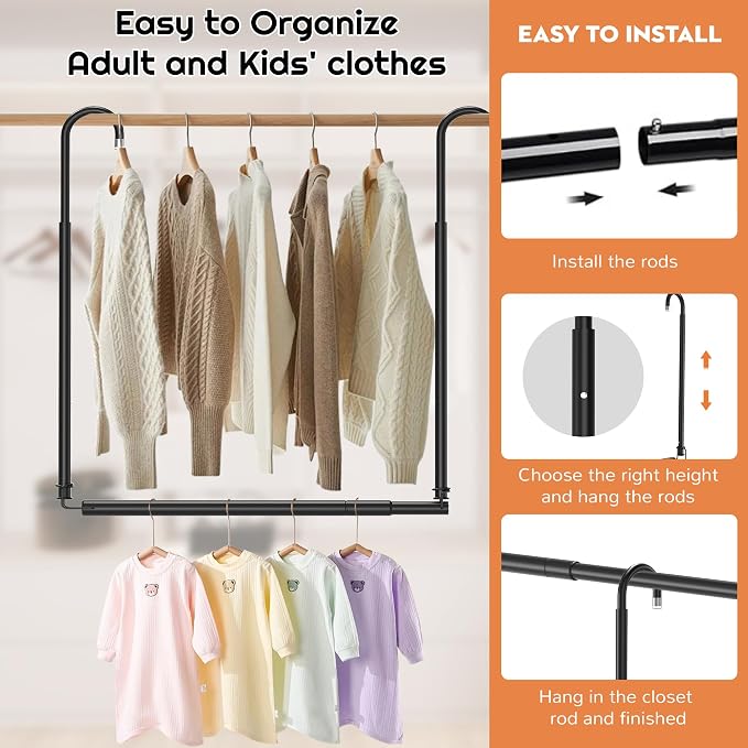 Hanging Closet Rod Adjustable Width Height Closet Rods For Hanging Clothes Black Closet Extender Hanging Rod Clothes Space-Saving Hanging Bar Organizer