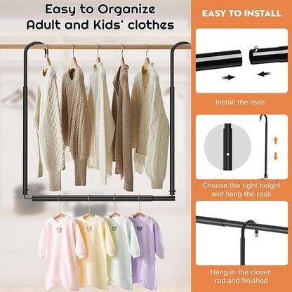 Hanging Closet Rod Adjustable Width Height Closet Rods For Hanging Clothes Black Closet Extender Hanging Rod Clothes Space-Saving Hanging Bar Organizer