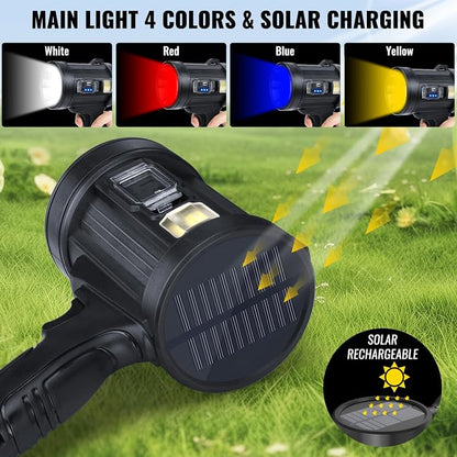Sigoobal Rechargeable Spotlight,2000000 LM Super Bright Handheld Spot Light LED Flashlight High Lumens,Powered Spotlight Large Searchlight Outdoor with Solar Panels for Boating Camping Hunting