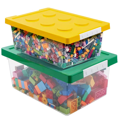 loobuu Plastic Storage Bins with Lids - Stackable Toy Storage Organizer Box Set of 2, Toy Chests with Compatible Building Baseplate and Lid, Storage Container for Building Bricks - Yellow+Green