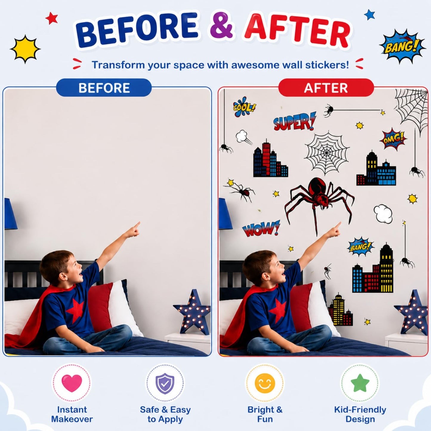 Superhero Wall Decor, Hero City Building Stars Stickers for Kids Boys, 70 Piece UV PVC DIY Removable Reusable Cartoon Stickers for Toddler Nursery, Bedroom, Playroom