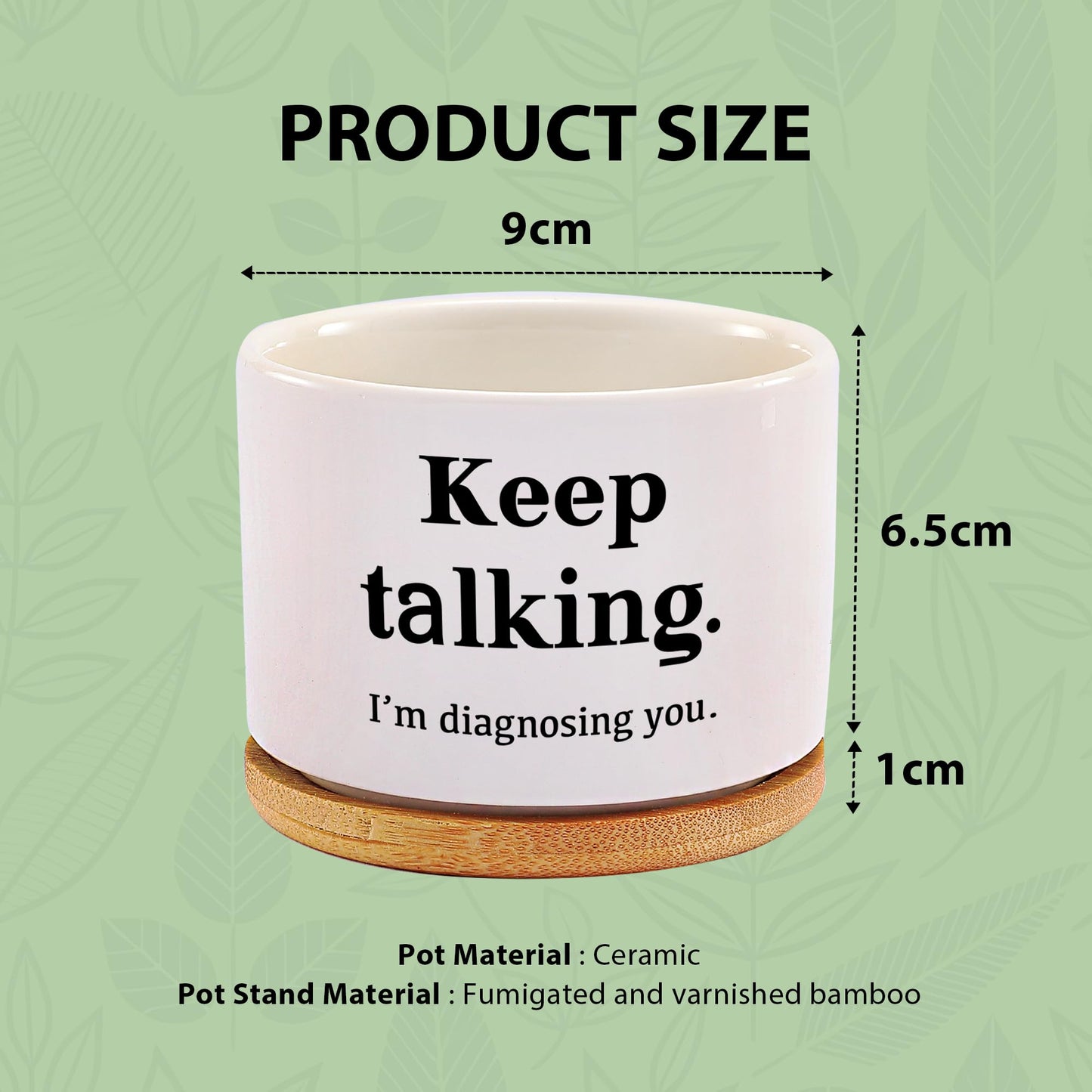 Loovelo Keep Talking I'm Diagnosing You Ceramic Succulent Plant Pot with Bamboo Tray Round Psychology Gifts Doctor Dr Therapist Psychiatrist 3.5 Inch White (No Plants)