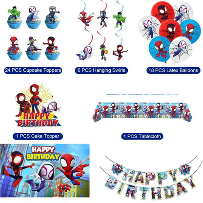 Cartoon spidey-themed birthday party supplies. These decorations include "Happy Birthday" banners, tableware, tablecloths, balloons, large and small skewers, and party-themed decoration sets.