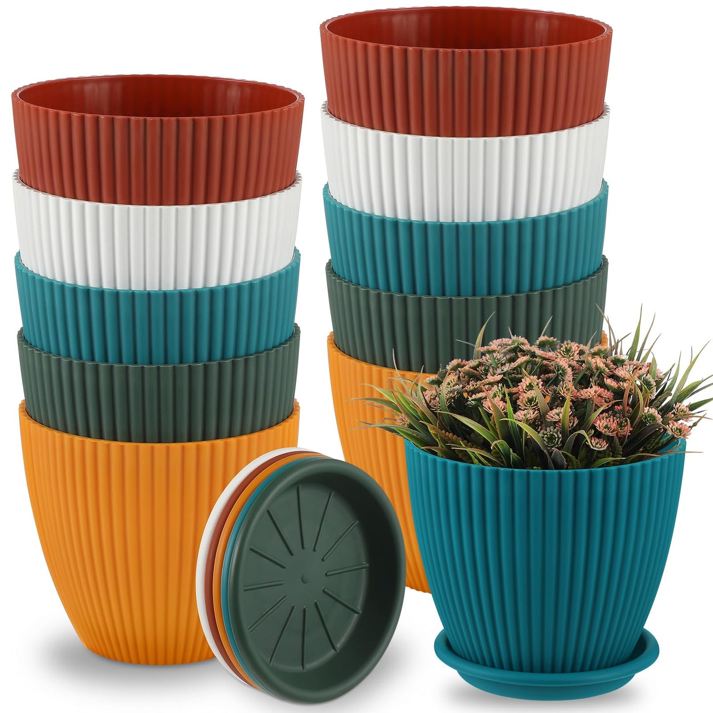 Suclain 10 Pack 6 Inch Plant Pots with Drainage Hole and Tray Saucer Plastic Flower Pots for Indoor Plants for Your Room, Office, Garden Decor(Vertical Stripe)