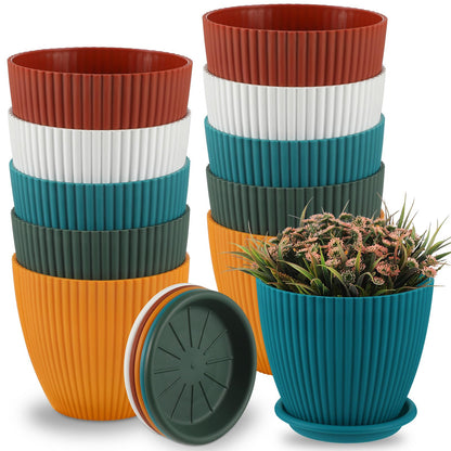 Suclain 10 Pack 6 Inch Plant Pots with Drainage Hole and Tray Saucer Plastic Flower Pots for Indoor Plants for Your Room, Office, Garden Decor(Vertical Stripe)
