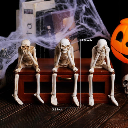 HOLIHIFI Halloween Skeleton Decor Indoor Hear See Speak No Evil Skeletons for Mantel Shelf, Set of 3 Resin Funny Skeleton Decorations