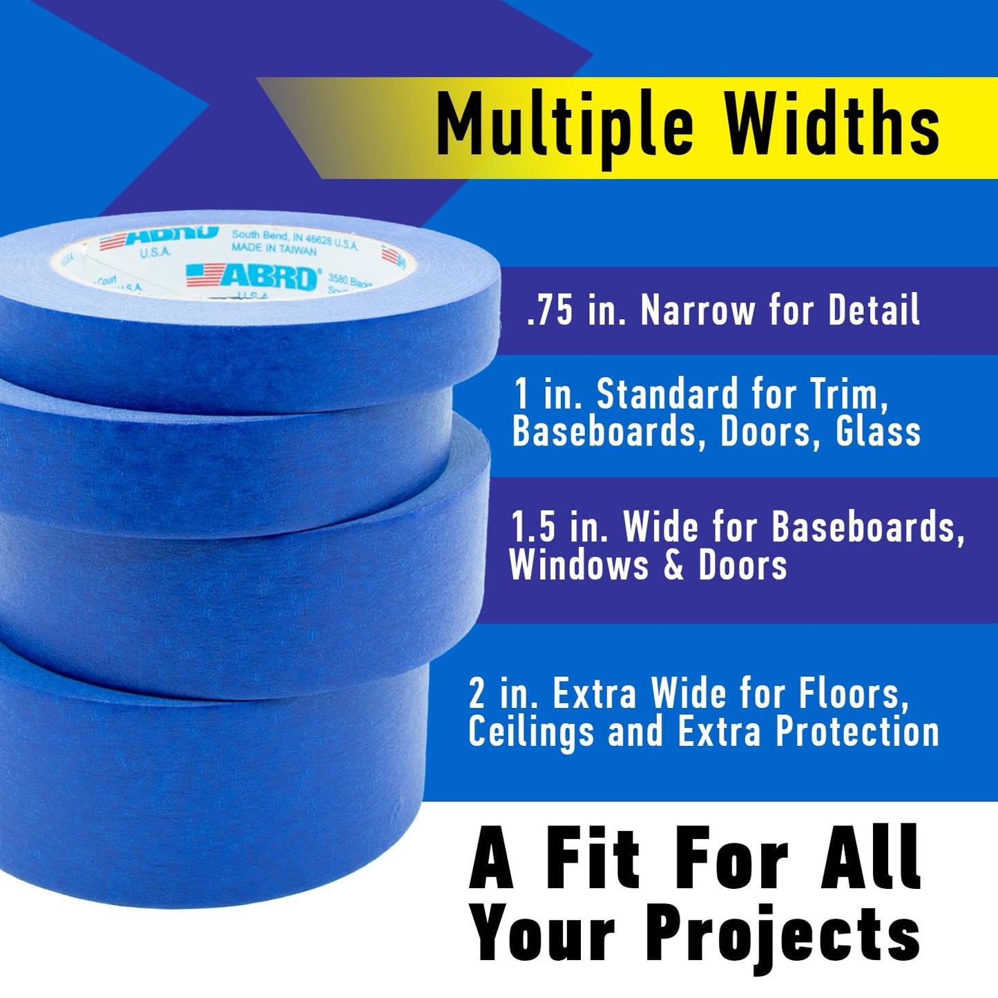 ABRO Blue Painters Tape 1.5 Inch Wide, 36mm x 55M, All Purpose Blue Tape, Temporary Labeling, Easy Tear, Clean Removal, Masking Tape Colored DIY or Pro - 6 Pack