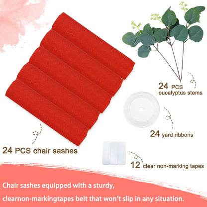FUHSY Wedding Chair Sashes Upgraded 24 Pack 8FT Long Red Sashes for Chair Covers Aisle Decorations for Wedding Ceremony Sheer Chiffon Chairs Bows for Party Event Banquet Prom Decor