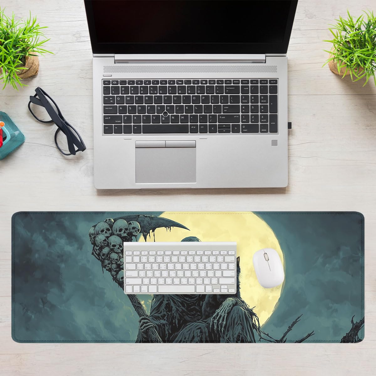 Grim Reaper Mouse Pad Dark Sickle Skull Black Cat Moon Extended Mousepad Waterproof Stitched Edges Rubber Base Non-Slip Deskpad Computer Keyboard Mat 31.5x11.8 in