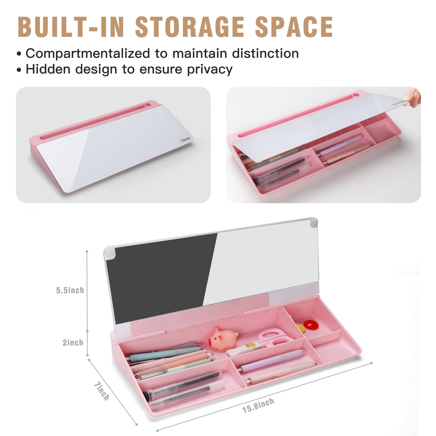 SELEAD Desktop Glass Whiteboard with Organizer & Built-in Mirror - Small Dry Erase White Board Computer Pad Keyboard Stand with Markers, Eraser, Holder for Women - Pink