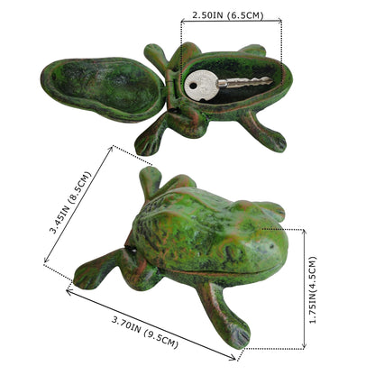 BSTGIFTS Iron Frog Key Hider - Outdoor Statue, Cast Iron, Green Frog, Hide a Key, Garden Decoration