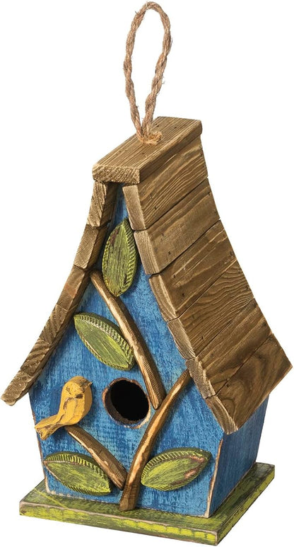 Glitzhome Birdhouses for Outdoors,9.5"H Hanging Bird House Decorative Pet Cottage Wooden Birdhouse Hummingbird Houses for Outside,Bluebird House with Natural Wood Slatted Roof and 3D Tree,Washed Blue