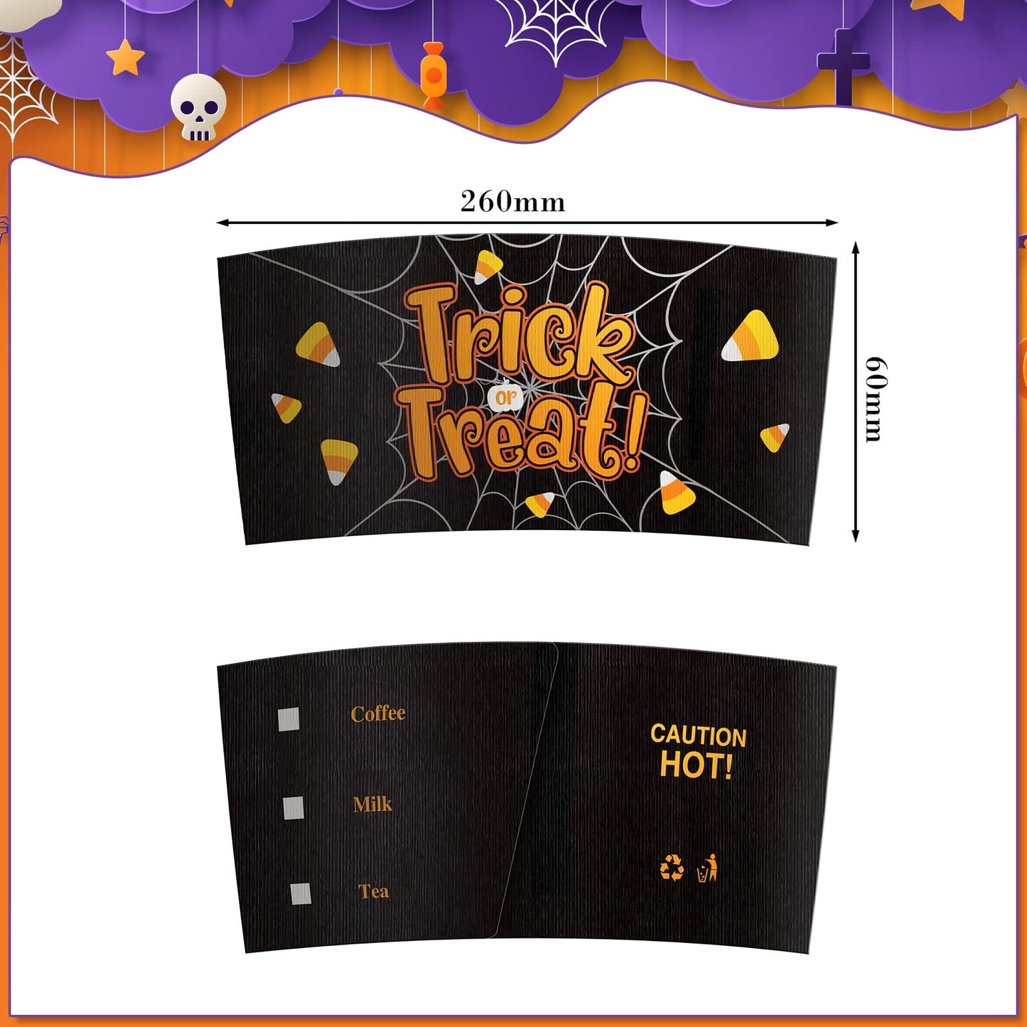36 Pcs Halloween Coffee Cups Sleeves, Disposable Double Layer Paper Sleeves Corrugated Cup Paper Jacket for 12oz 16oz Hot Chocolate Coffee Tea or Cold Beverage, 6 Designs