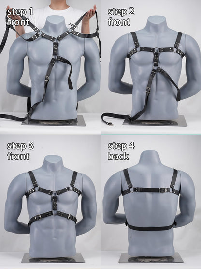 Men’s Adjustable Faux Leather Chest Harness with Metal O-Rings, Punk Rock Body Strap for Festival, Rave, Clubwear, Costume and Fashion Styling Outfits(Fit Bust 40.2-47.2in)