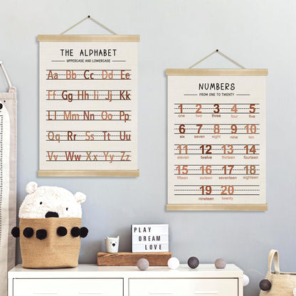 Alphabet and Numbers Wall Chart Set of 2 ,Nursery Educational Canvas Posters,Alphabet and 1-20 Number Learning Banners for Toddlers, Preschool Classroom, Homeschool, Playroom,Kids Room Decor 14 x 18.5 Inch (Brown)