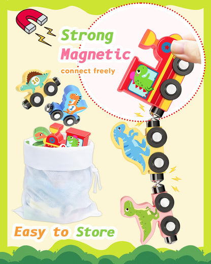 11 Pcs Magnetic Dinosaur Train Set Montessori Toys for 1 2 3 Years Old Toddlers Boys Girls, Wooden Dinosaur Preschool Learning Activities Educational Sensory Toys Birthday Gifts Ages 1-3, 2-4