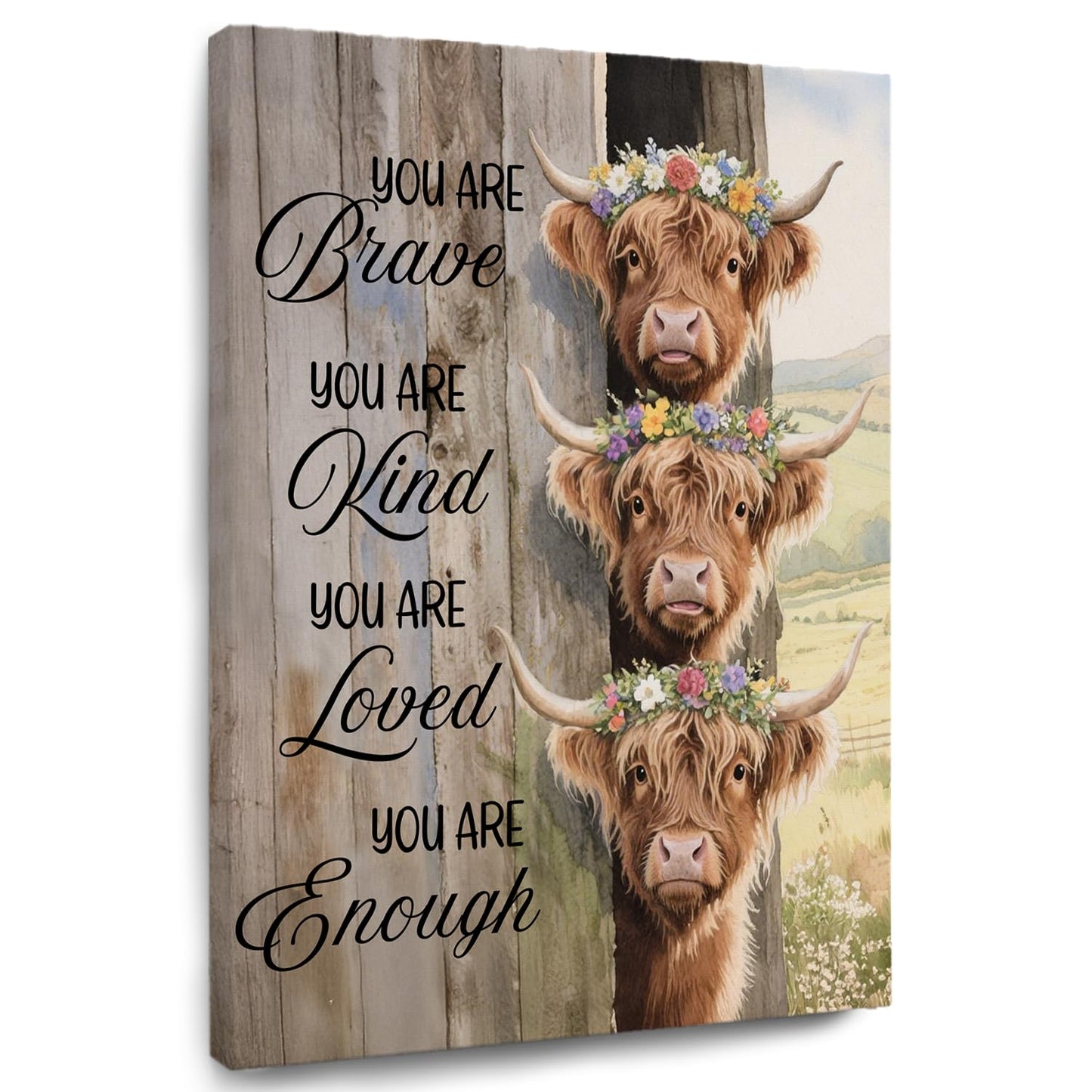 TAZSWDMM Inspirational Highland Cow Framed Canvas Wall Art Posters, Motivational Quotes Rustic Highland Cow Wall Art Prints for Bedroom Home Office Kids Room Nursery Decor, 11x14 Inch
