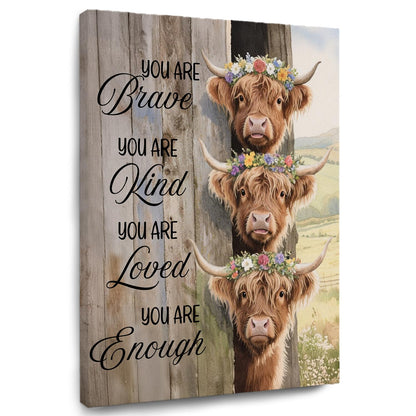 TAZSWDMM Inspirational Highland Cow Framed Canvas Wall Art Posters, Motivational Quotes Rustic Highland Cow Wall Art Prints for Bedroom Home Office Kids Room Nursery Decor, 11x14 Inch