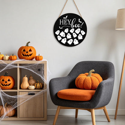 Hey Boo Sign 12x12 Inch Halloween Wreaths for Front Door Halloween Ghost Wood Door Hanger Black Boo Sign Farmhouse Holiday Decorations Wall Hanging Plaque for Trick or Treat Party Inside Outside