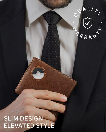 Mens Wallet With Airtag Holder Genuine Leather Bifold RFID Blocking Wallets with 14 Card Slots, ID Window & 2 Cash Pocket（AirTag Not Include）
