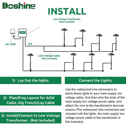 DOSHINE® Solid Brass Low Voltage Landscape Lighting Pathway Lights (8.25" Shade, 22" Tall) with Replaceable 3W G4 LED Bulb 3000K AC/DC 12V and Ground Stake for Outdoor Walkway Driveway (DOU, 6-Pack)