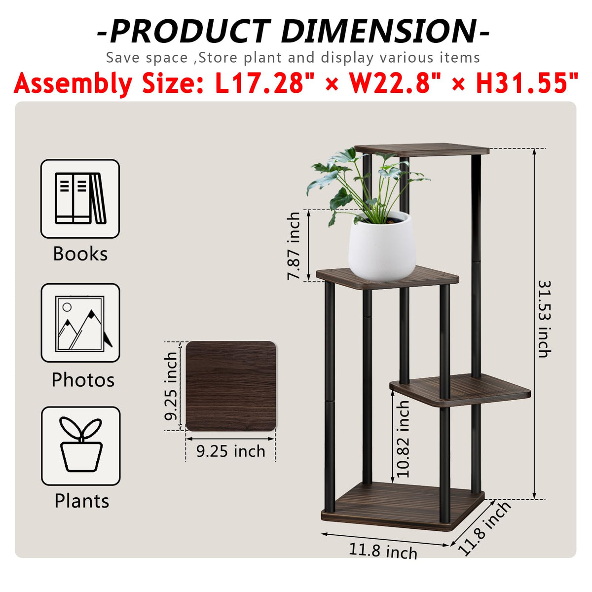 AZERPIAN Plant Stand 4 Tier Indoor Metal Flower Shelf for Multiple Plants Corner Tall Flower Holders for Patio Garden Living Room Balcony Bedroom, Black oak