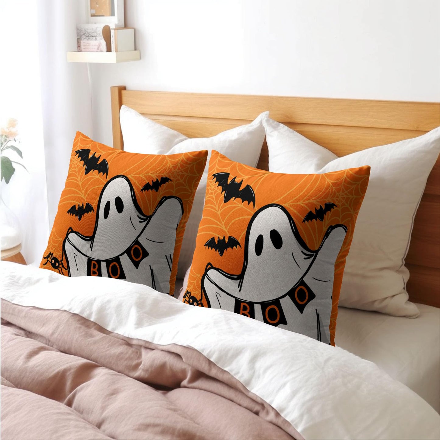 Halloween Ghost Boo Orange Throw Pillow Covers 18X18 Inches Set of 2 Spooky Bat Spider Web Pillowcase Soft Cotton Linen Square Cushion Covers for Home Sofa Bedroom